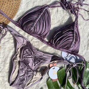 PQ D CUP Isla Top and Ruched Tie Full Bikini Bottom in Violet Sunset